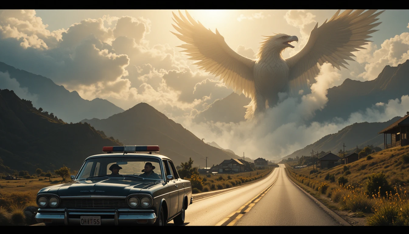 Old police car on winding mountain road at sunset