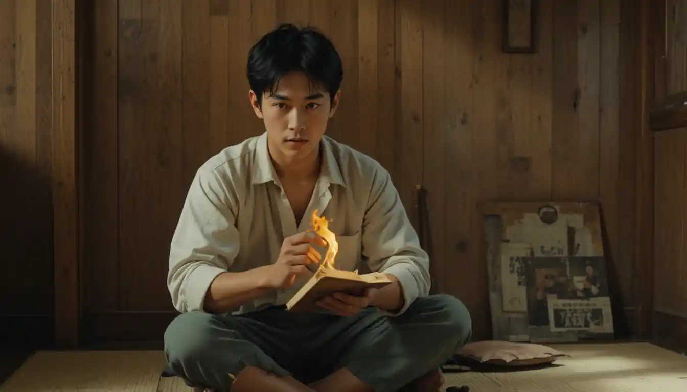 Young man with missing leg reading by weak talisman flame