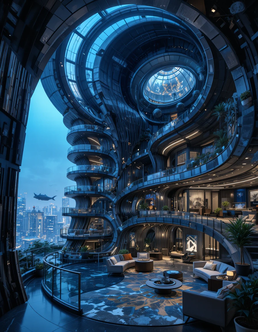 Futuristisches Luxus-Penthouse-Interieur mit Spiral-Muschel-Architektur