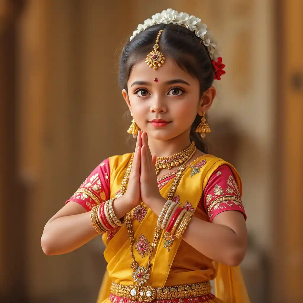 Jeune fille indienne en lehenga coloré dansant avec de gracieux mudras