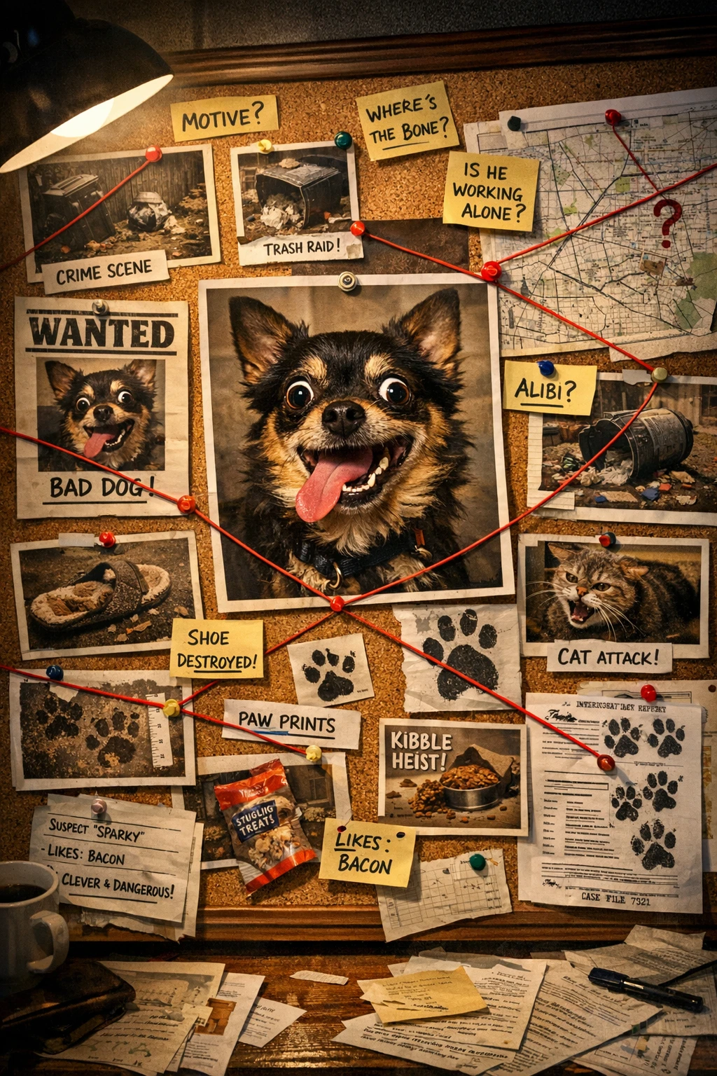 Quadro de evidências de detetive cheio de pistas sobre um cão de estimação
