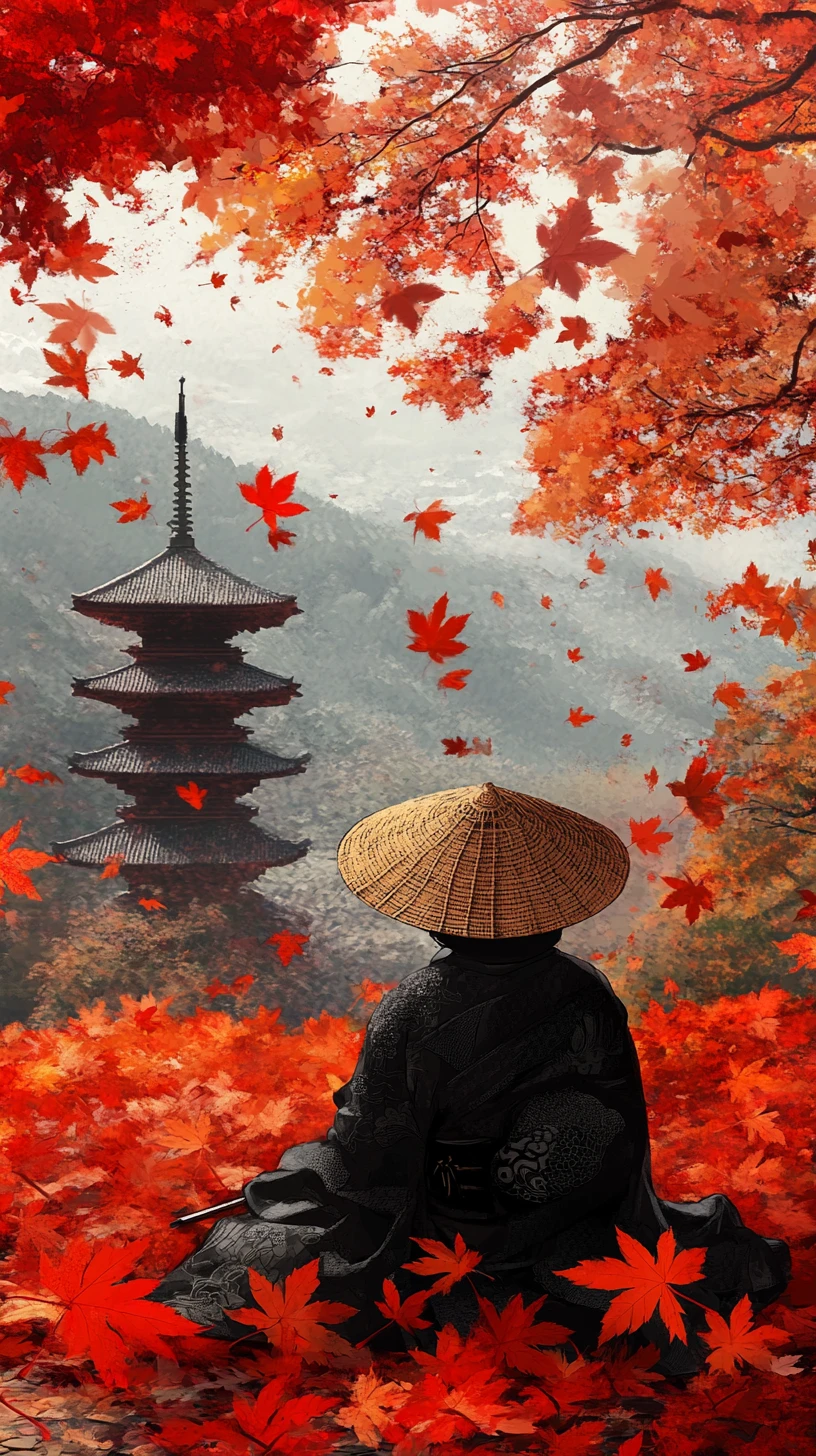 Samurai in kimono nero tra foglie rosse d'acero che cadono