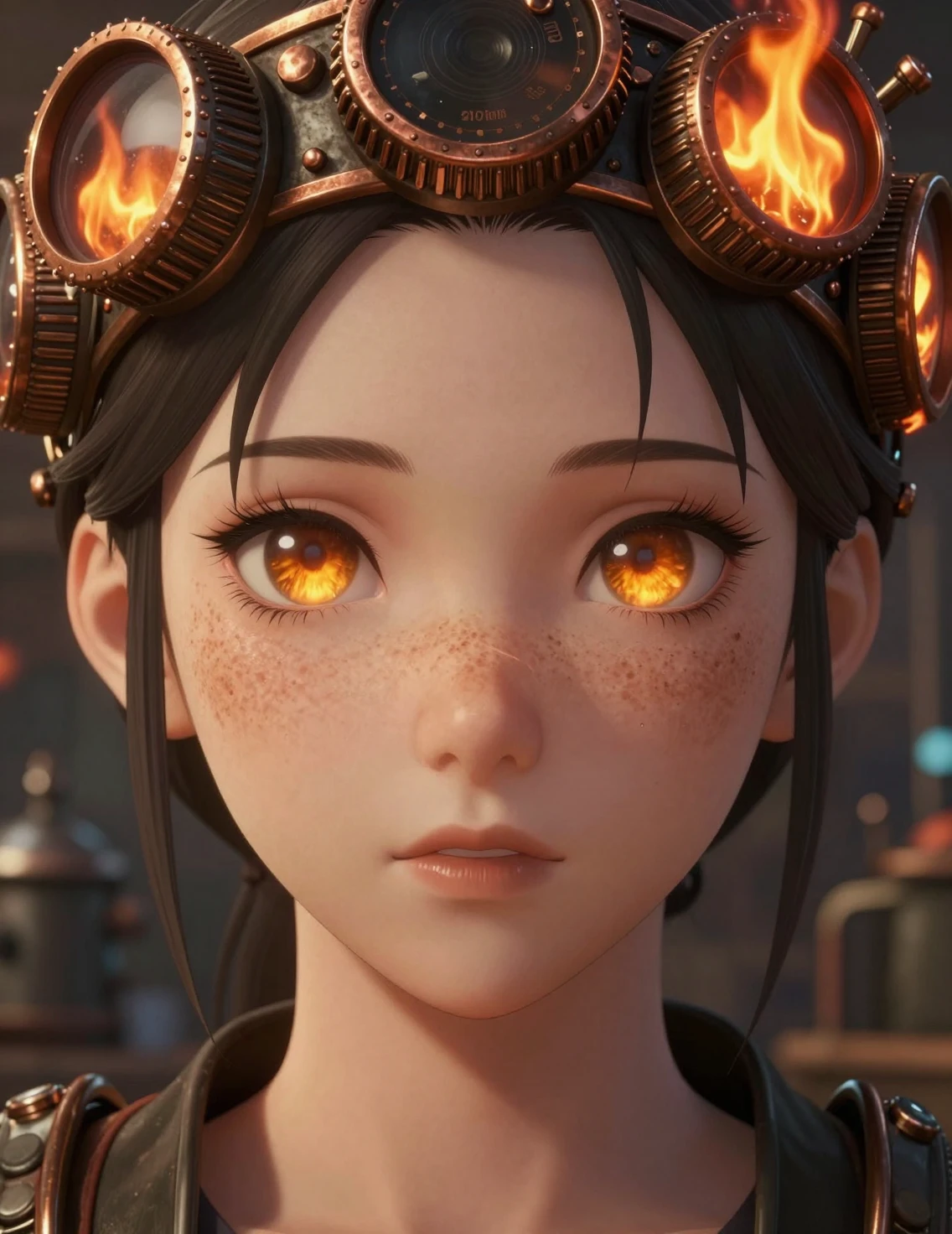 Steampunk crown anime girl with glowing amber eyes