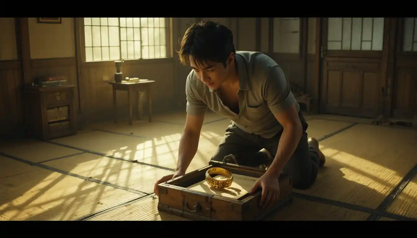 Young man uncovering hidden safe in a tatami room
