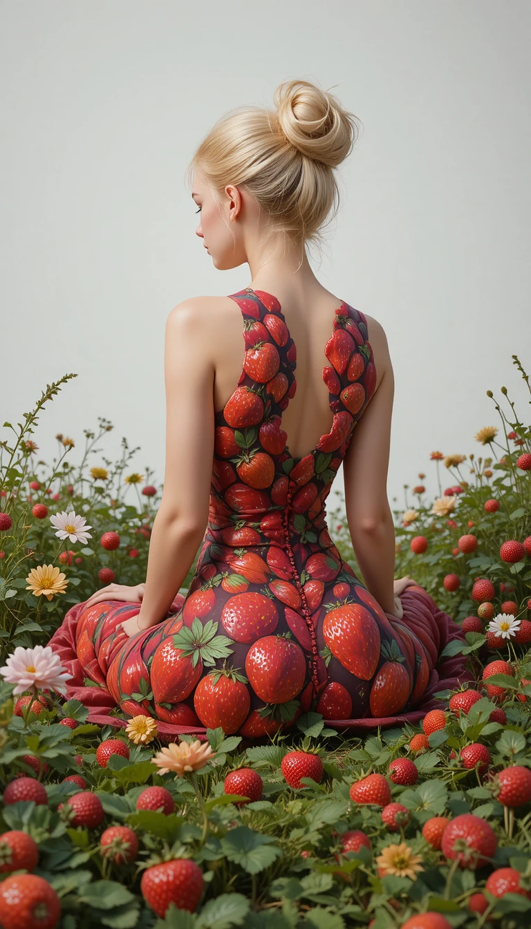 Garota loira com body paint de morango sentada em um prado