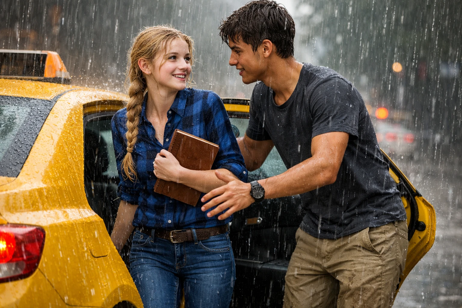 Casal adolescente correndo para entrar em um táxi debaixo de chuva forte