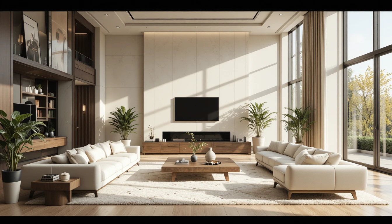 Minimalist living room with large windows and warm light