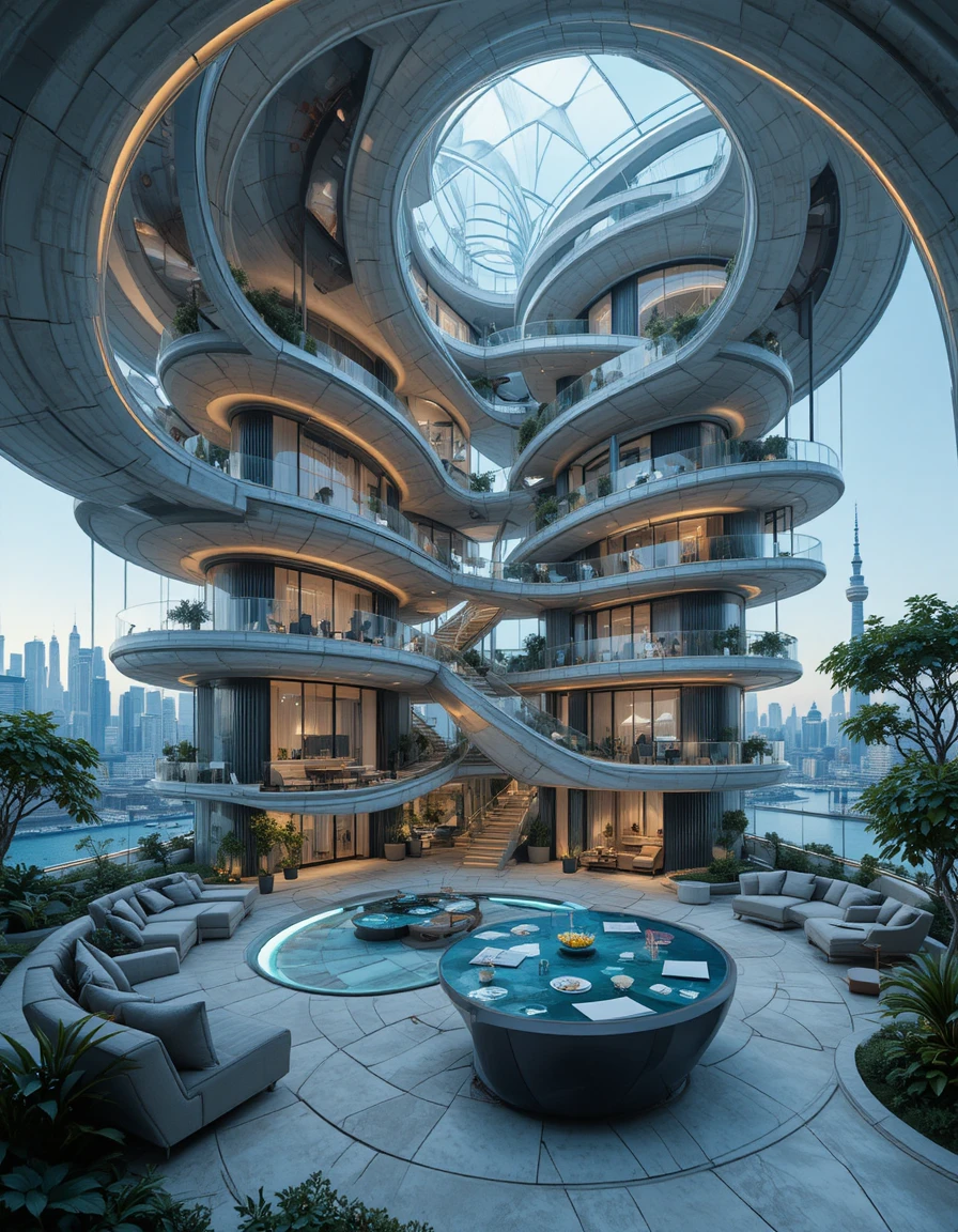 Futuristisches Luxus-Penthouse-Interior mit spiralförmigen Muschelelementen