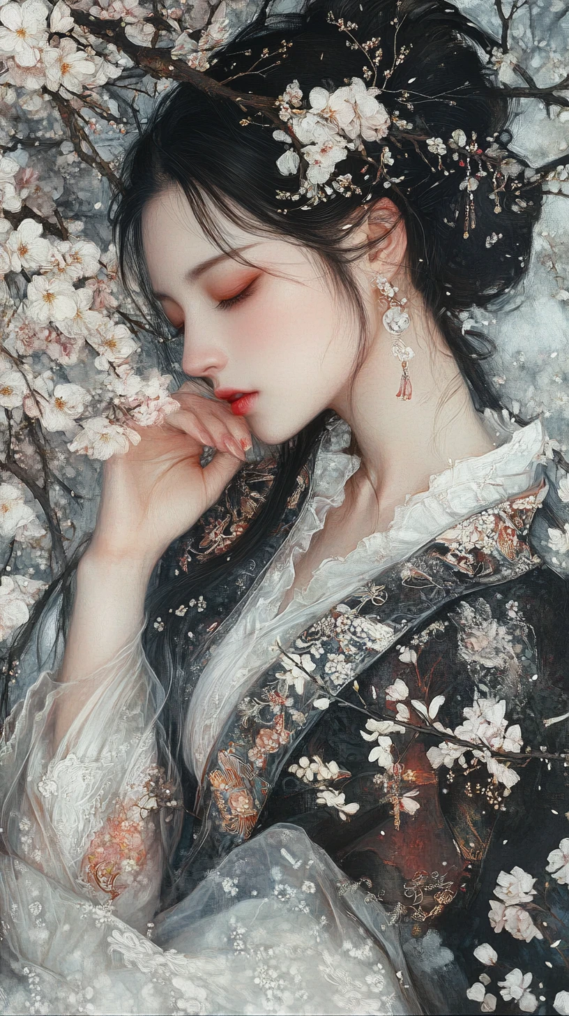 綢緞漢服女子立於盛開桃樹旁