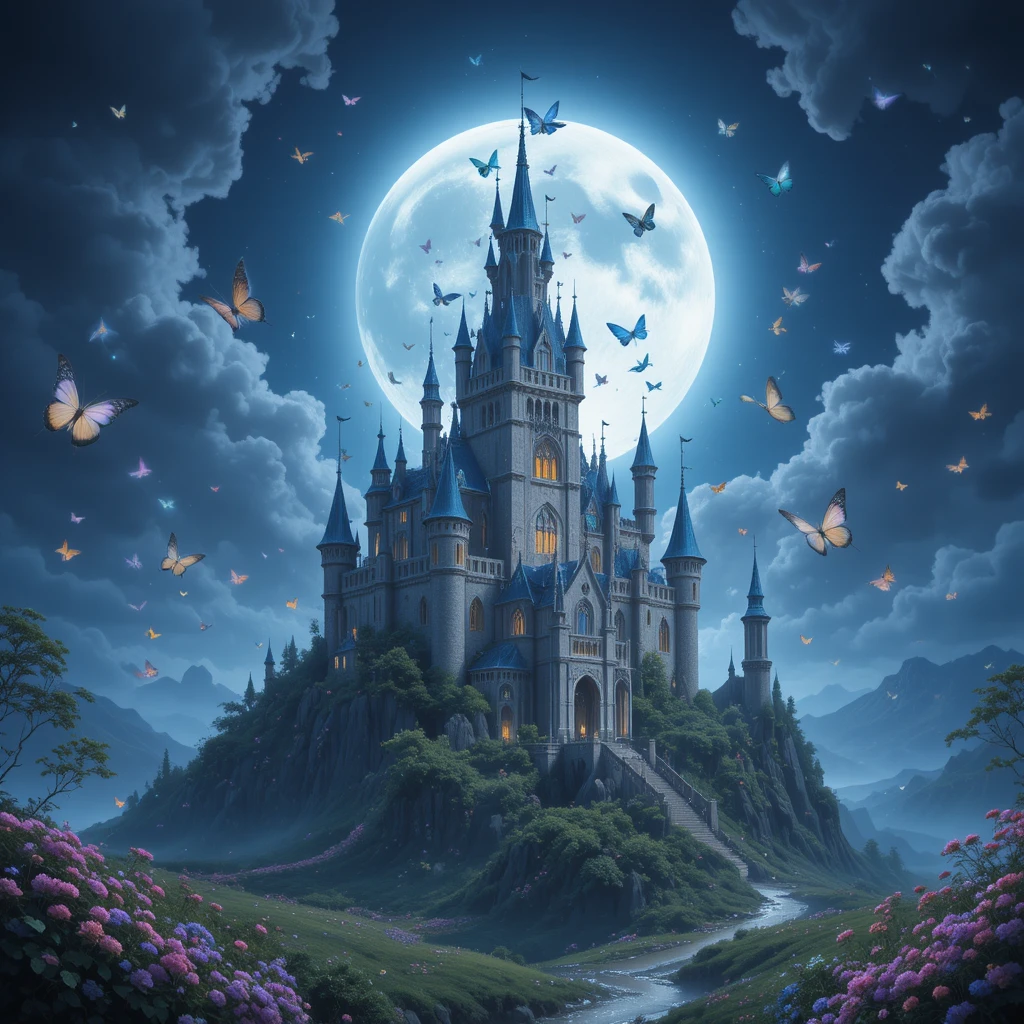 Château au clair de lune sur une colline avec fées et papillons