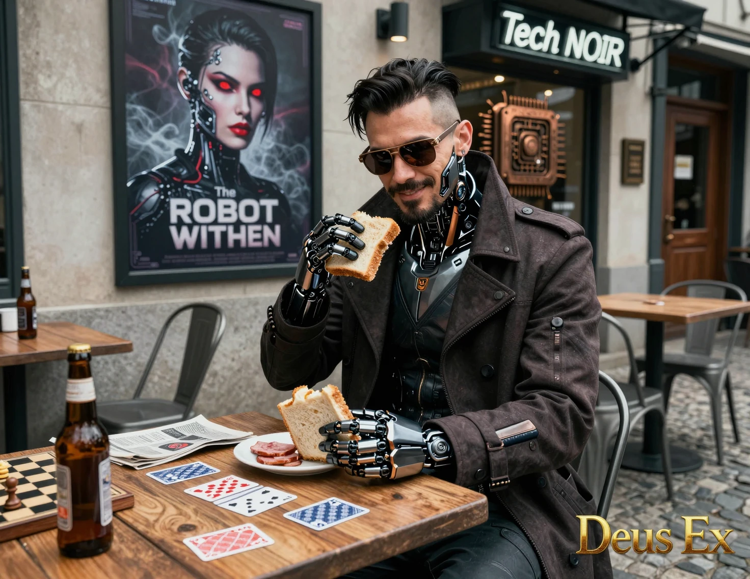 Cyberpunk detective eating at an outdoor street cafe