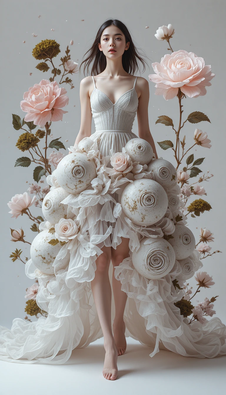 Young woman in avant garde limestone sphere dress