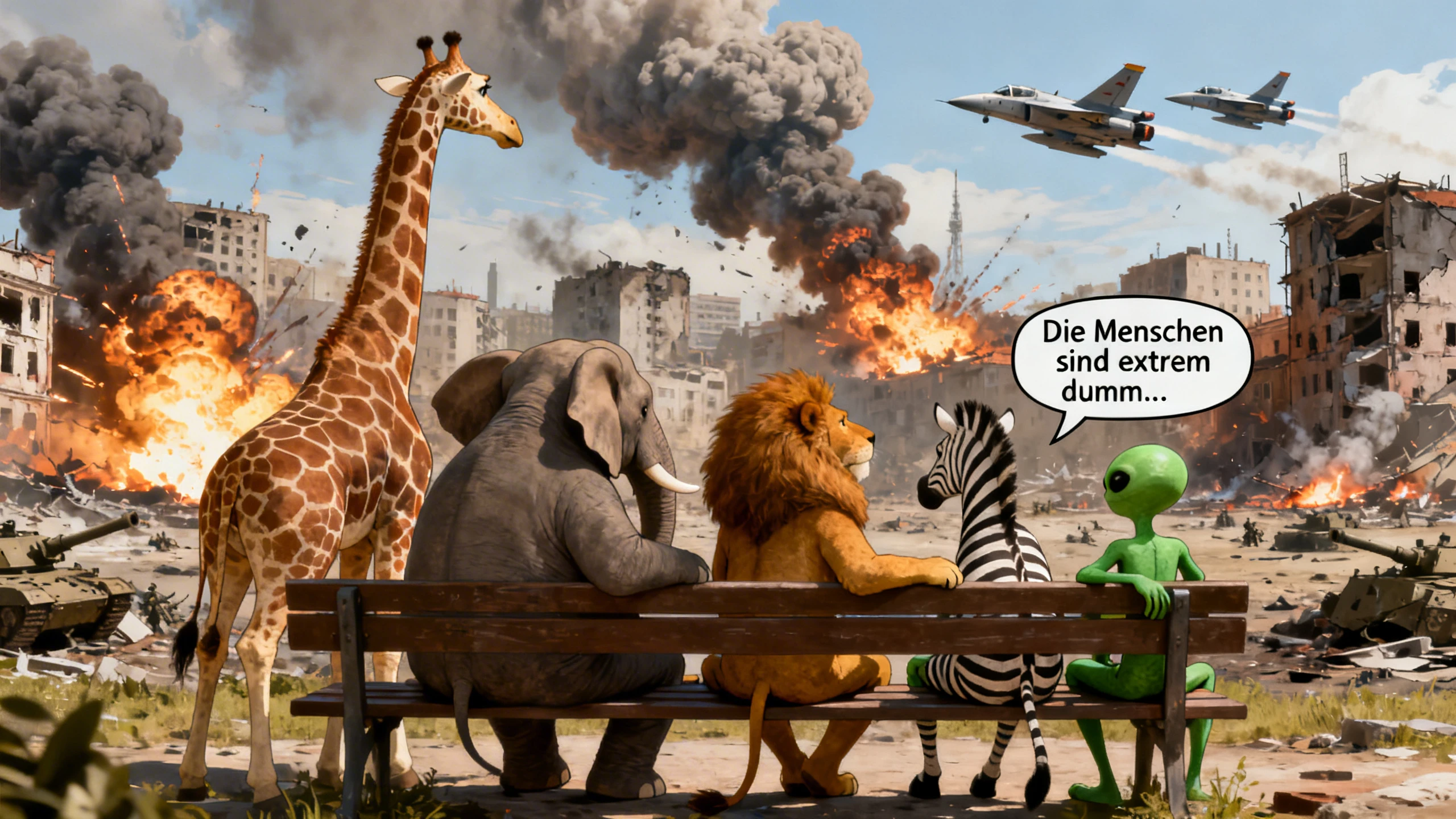 Safari animals and aliens watch explosions over ruined city