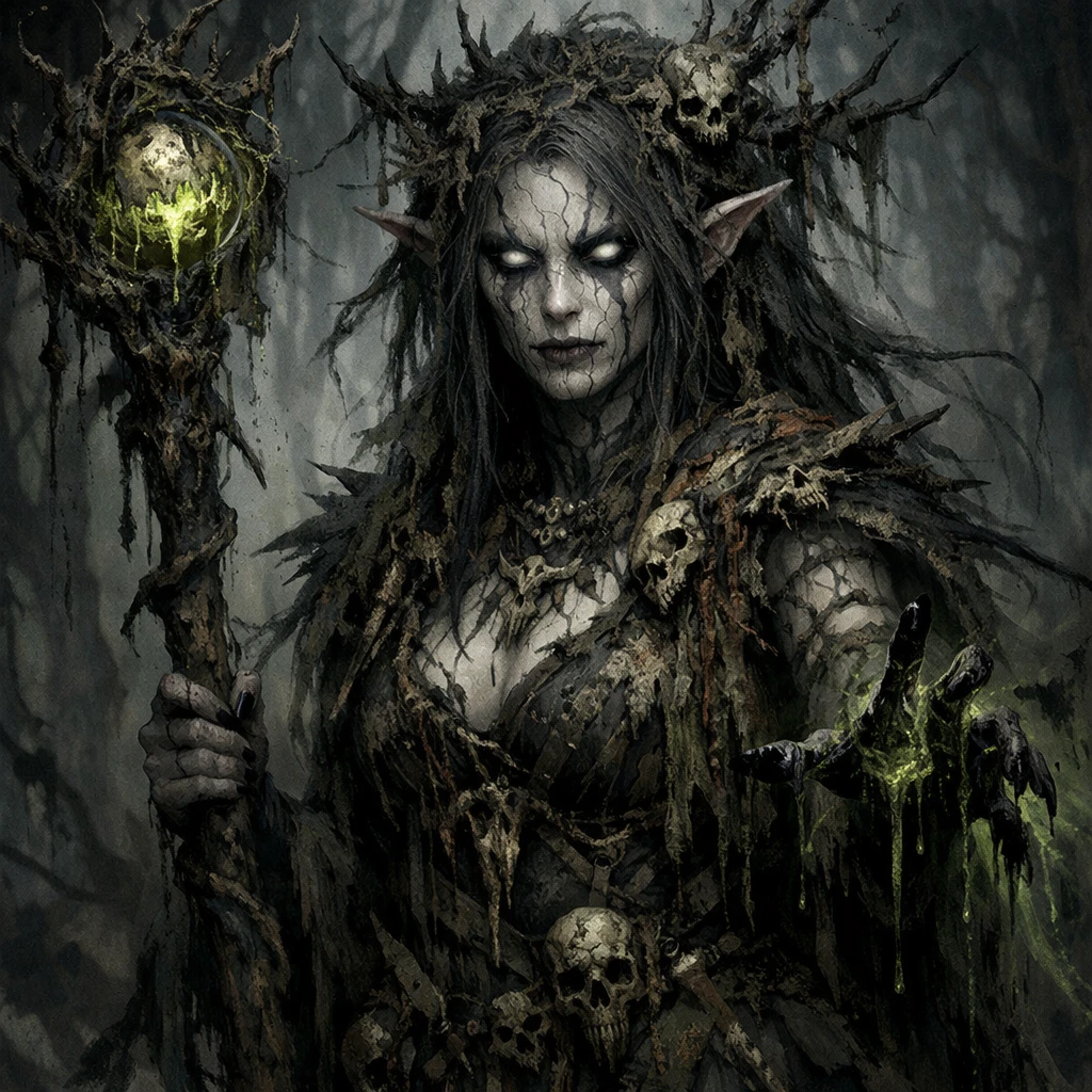 Corrupted elf druid with ashen skin and pale glowing eyes