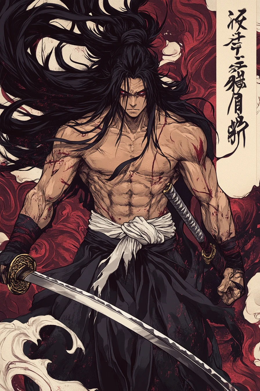 Close up anime samurai warrior with flaming abstract background