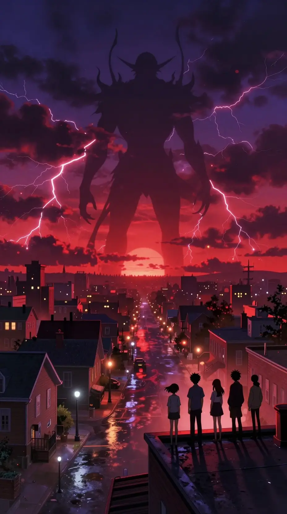 Anime friends on a rooftop facing a colossal shadow monster