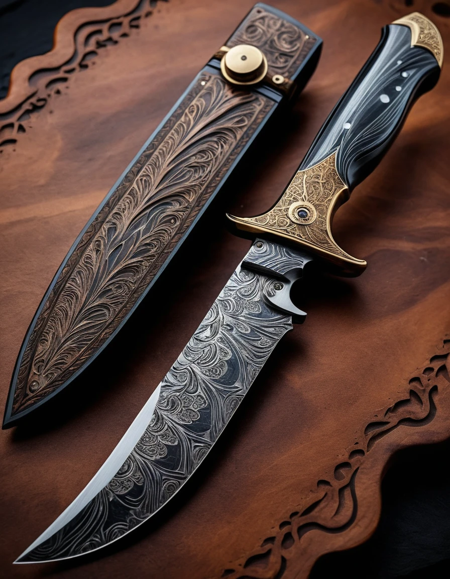 Vista POV di un coltello fantasy personalizzato in acciaio damasco