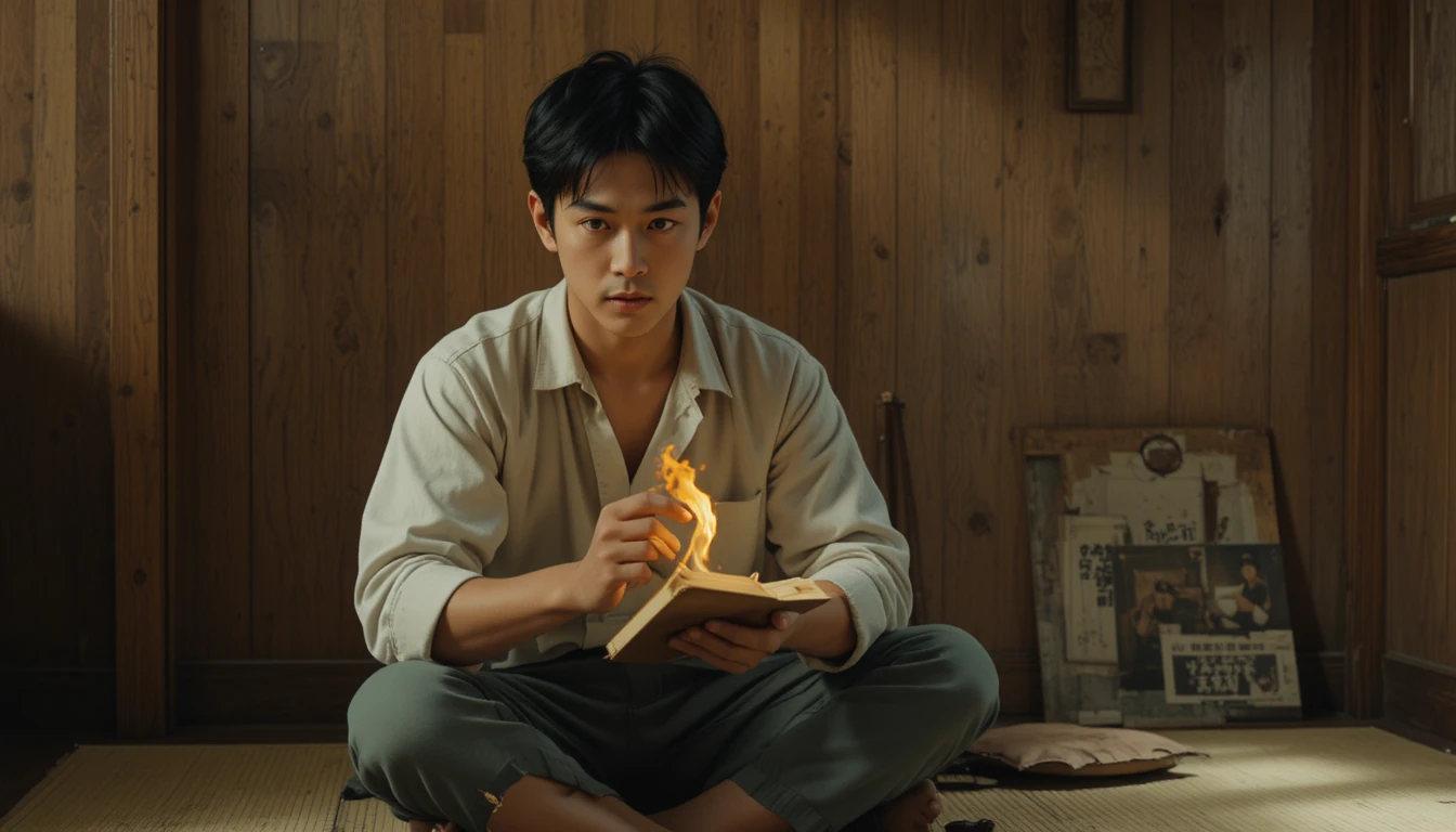 Young man with missing leg reading by weak talisman flame