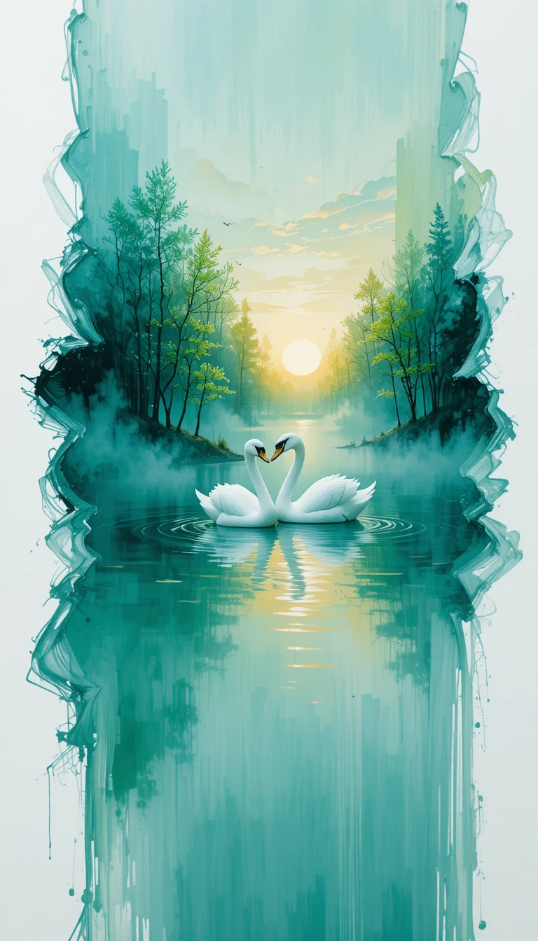 Cygnes en double exposition sur un lac forestier serein au coucher du soleil
