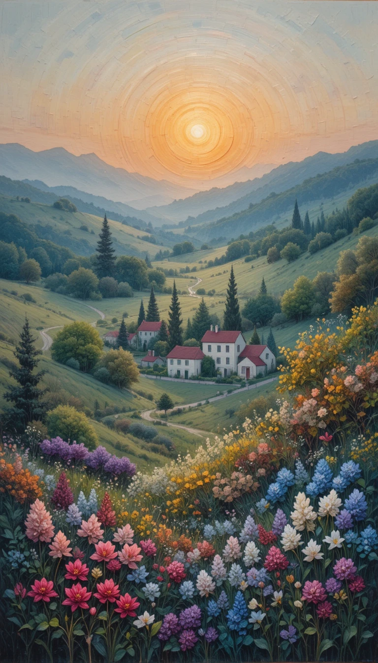夕暮れの霧の春の村 インパスト油絵