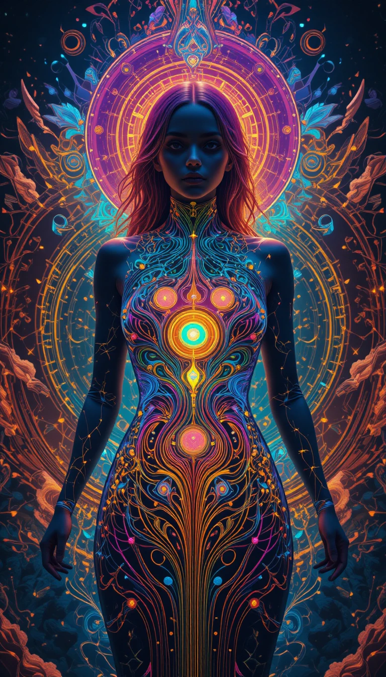 Colorful human design energy centers diagram with girl figure