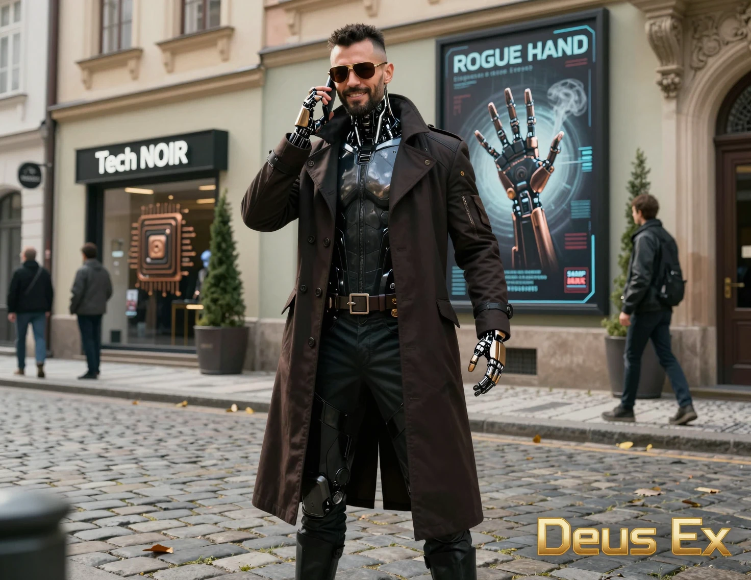 Detective cyborg che posa in una strada futuristica di una città europea