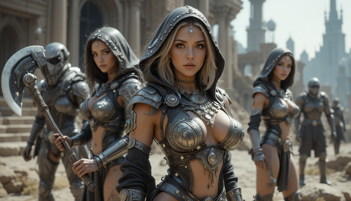 Sorcière sci-fi en armure menant deux guerriers devant un palais