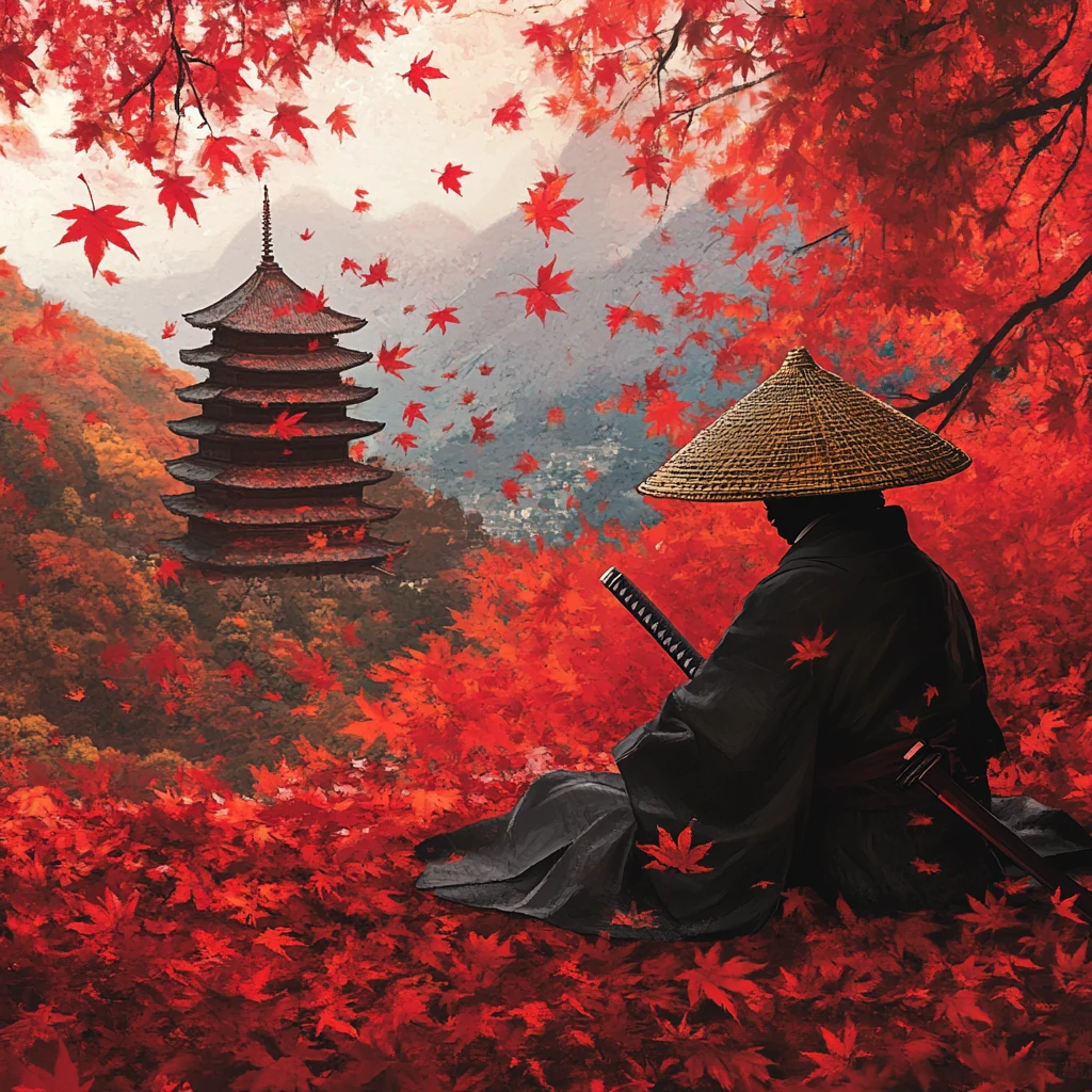 Samurai de quimono preto entre folhas de bordo vermelhas caindo