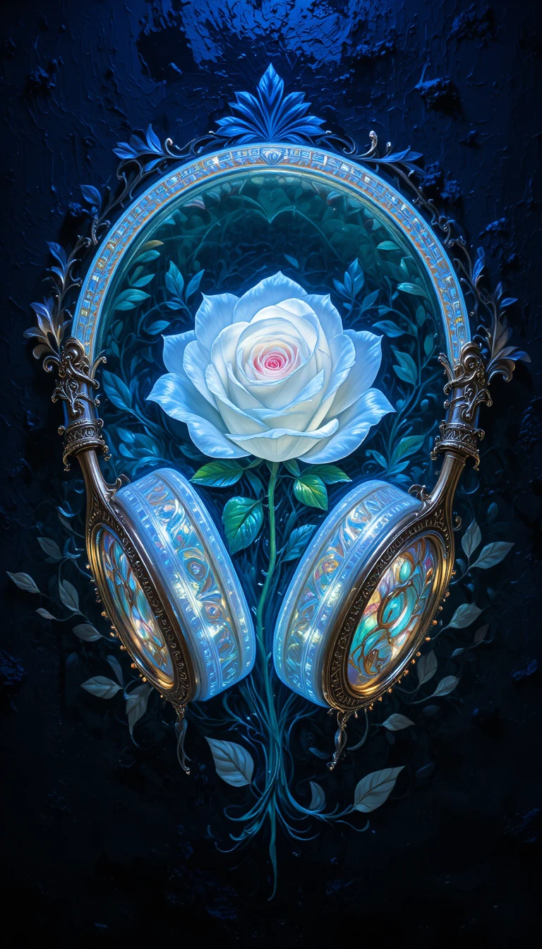 White rose sculpture glowing under dramatic blacklight