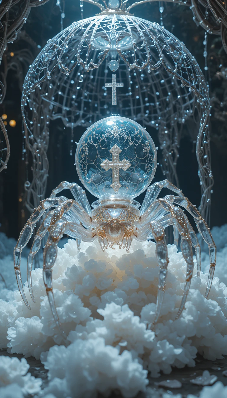 Transparente Glas-Spinne in einem glitzernden Wolkenpavillon
