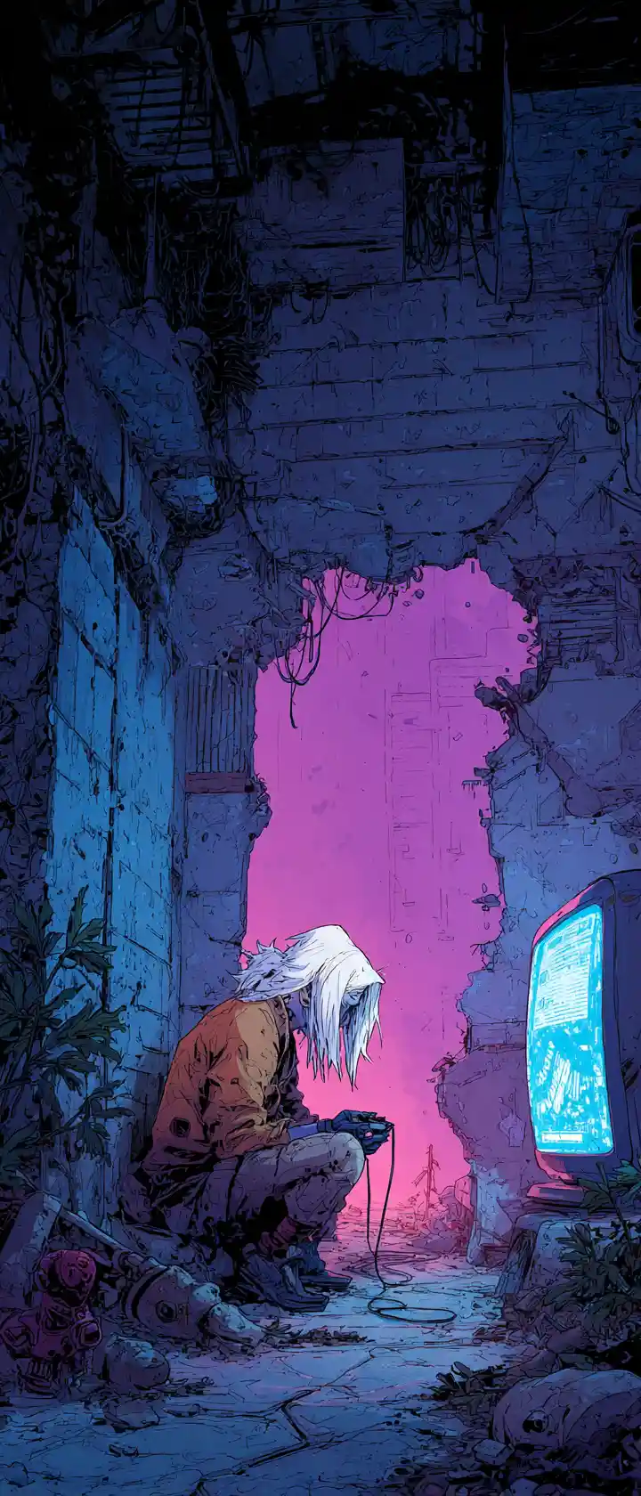 Anime cactus character in a dystopian neon lit city