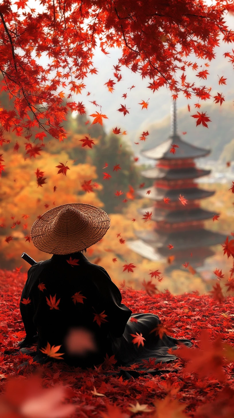 Samurai che riposa tra foglie rosse d’acero in un giardino del tempio