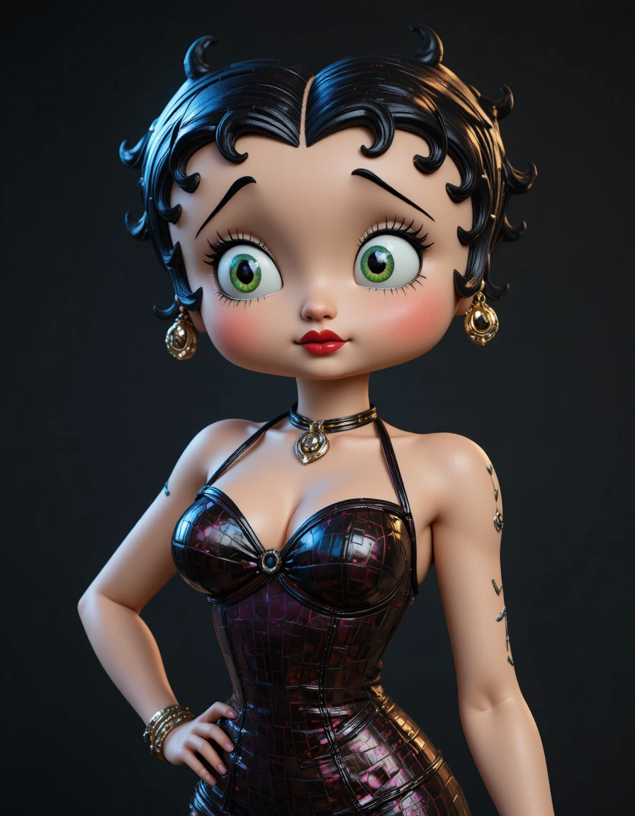 Mulher nostálgica em 3D estilo cartoon com traje inspirado em cyberpunk