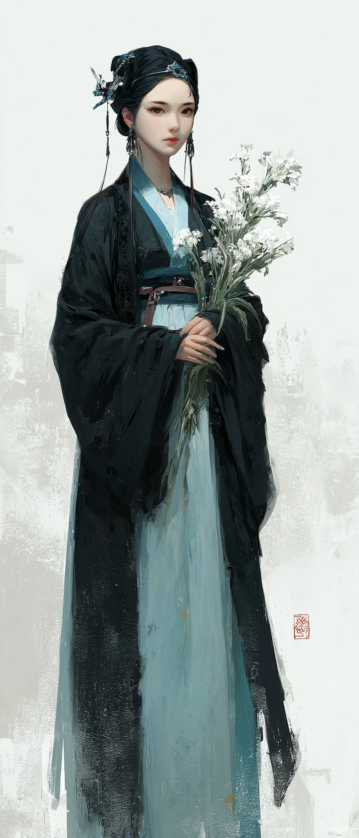Ethereal East Asian woman in traditional black robe