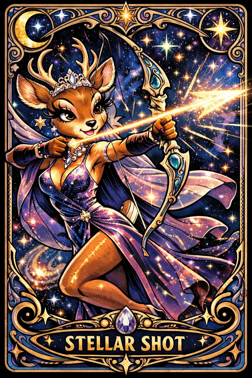 Anthropomorphic deer diva firing a glowing arrow through space