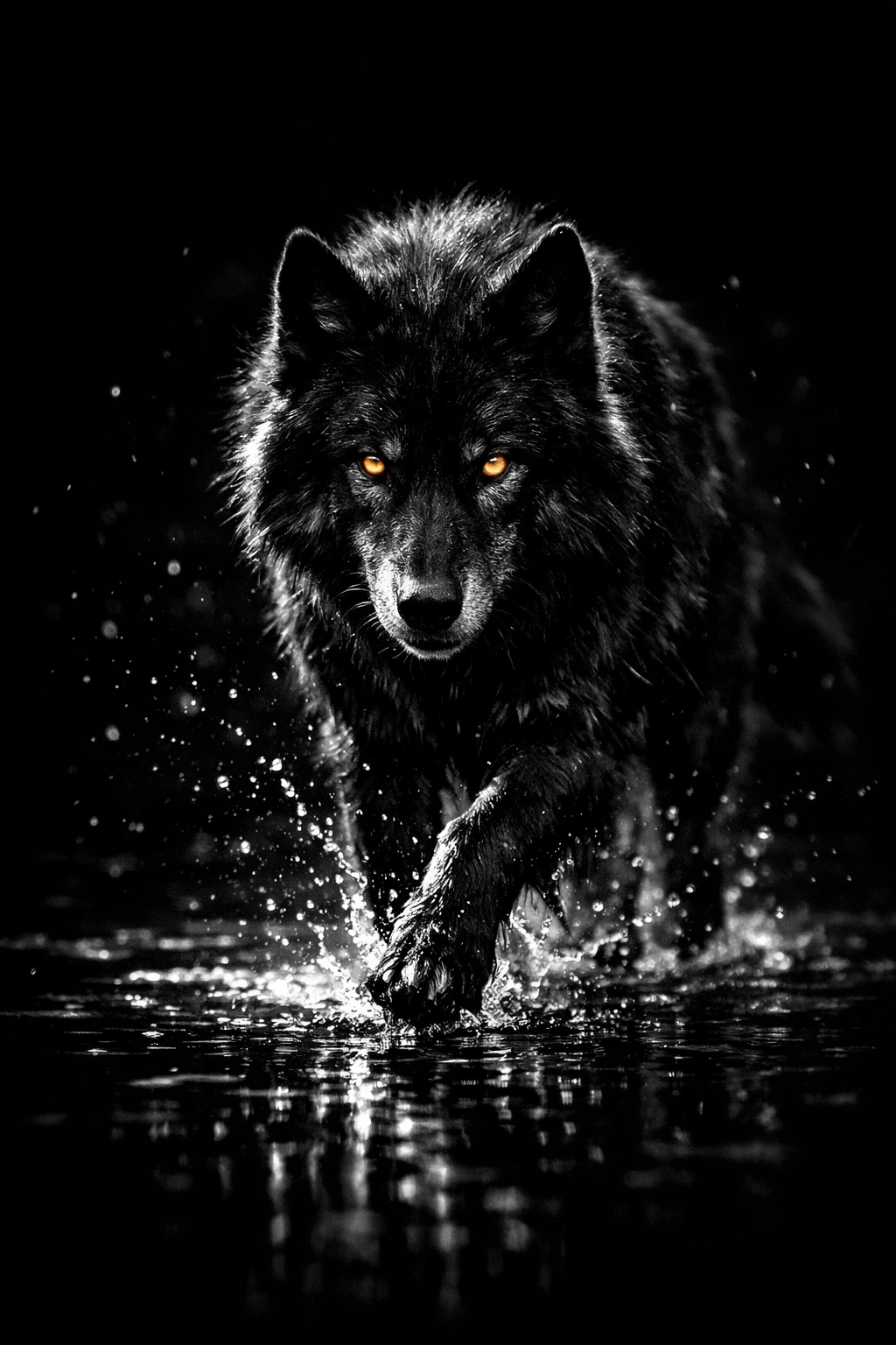 Lobo negro majestoso caminhando pela água escura e reflexiva