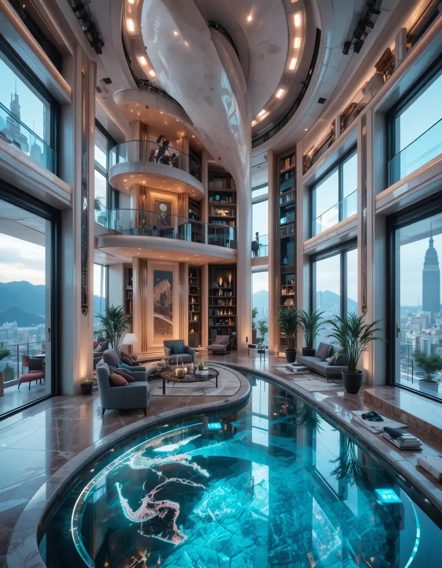 Futuristisches Luxus-Penthouse-Interieur mit Cyberpunk-Architektur