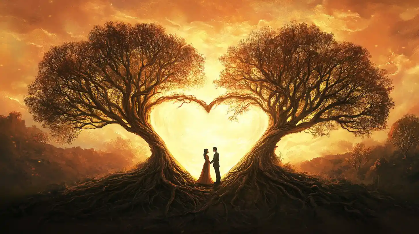 Romantic couple beneath heart shaped trees at sunset