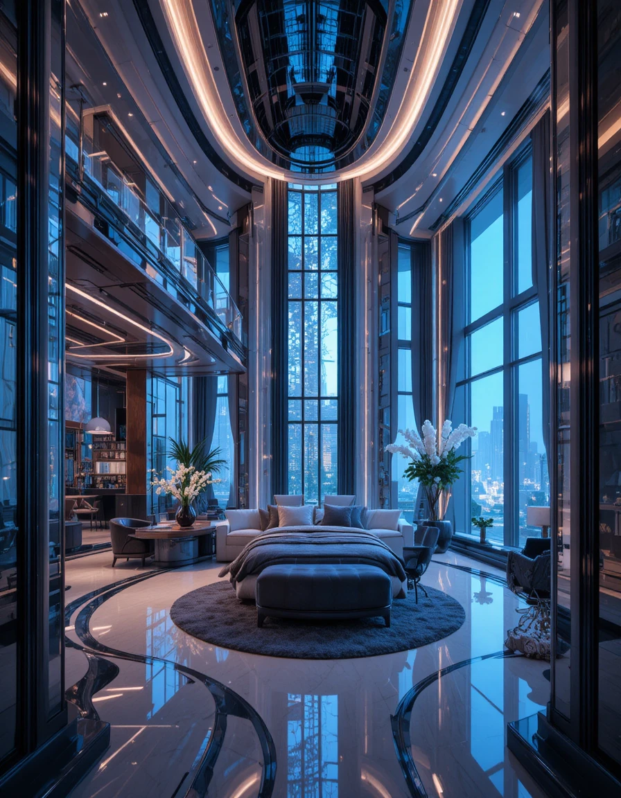 Futuristisches Cyberpunk-Luxus-Penthouse-Interieur mit markanter Architektur