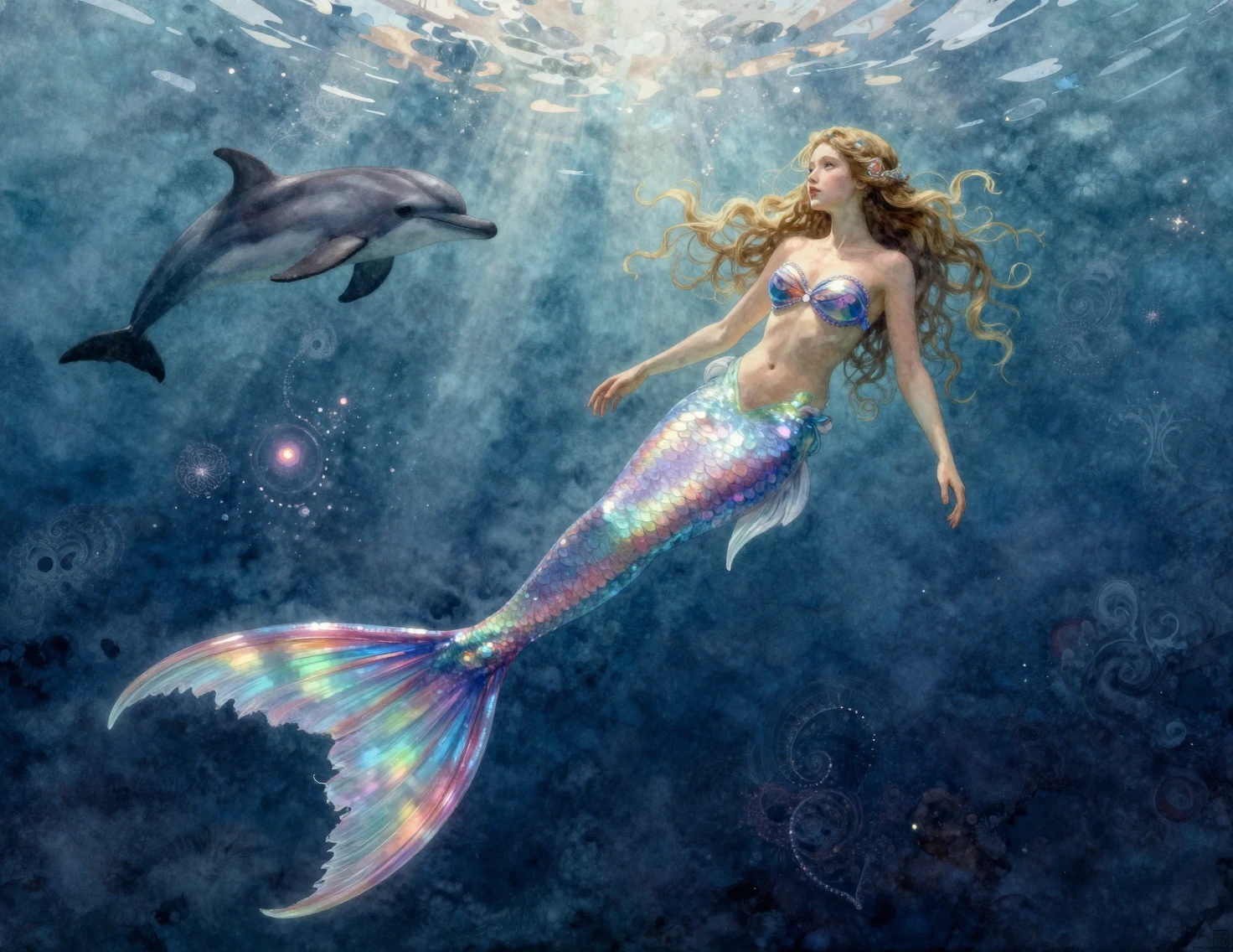 Sirène à queue arc-en-ciel nageant avec un dauphin sous l’eau