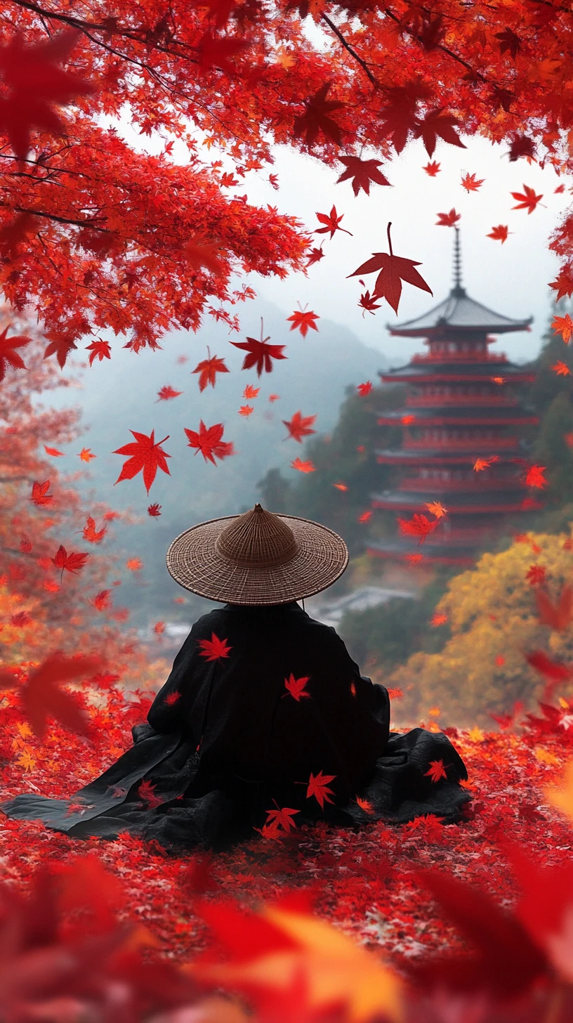 Samurai descansando entre folhas vermelhas de bordo perto de uma pagoda distante