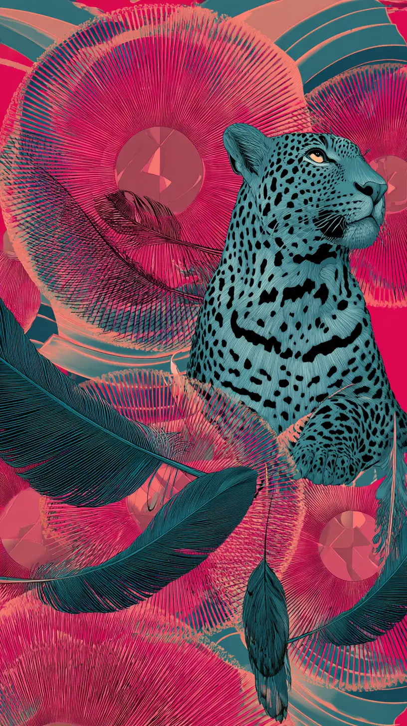 Abstrakter Op-Art-Leopard mit rhythmischen Vogel­federn