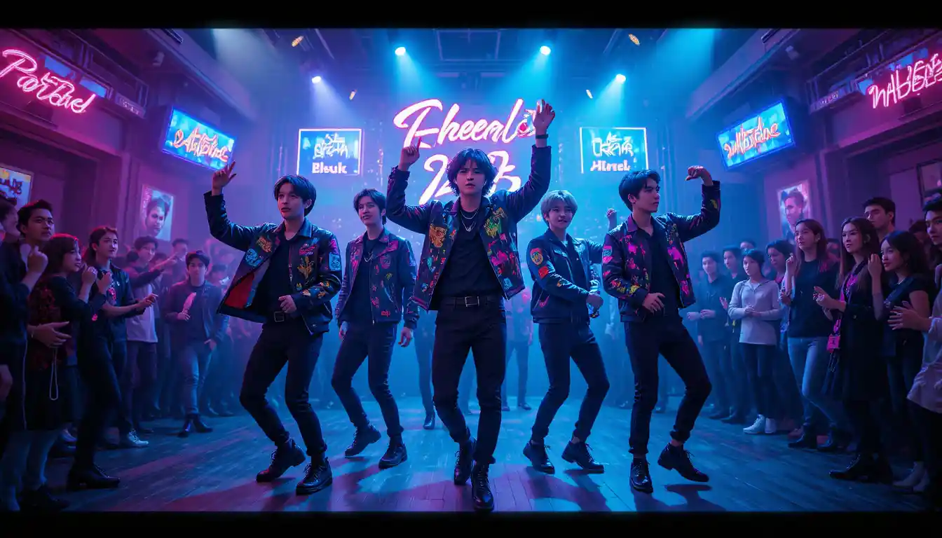 Boy band K‑pop che balla sul palco tra luci al neon cyberpunk