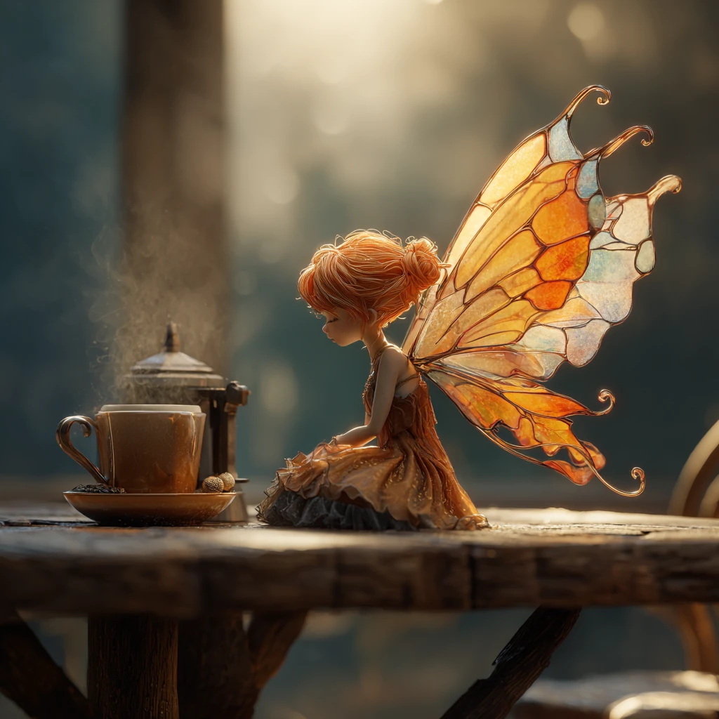 Tiny fairy resting by a coffee cup in soft sunlight