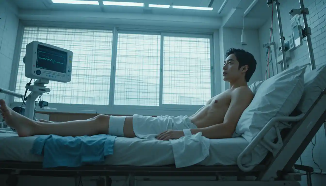 깜빡이는 형광등 아래 병원 침대에 누운 부상 남성