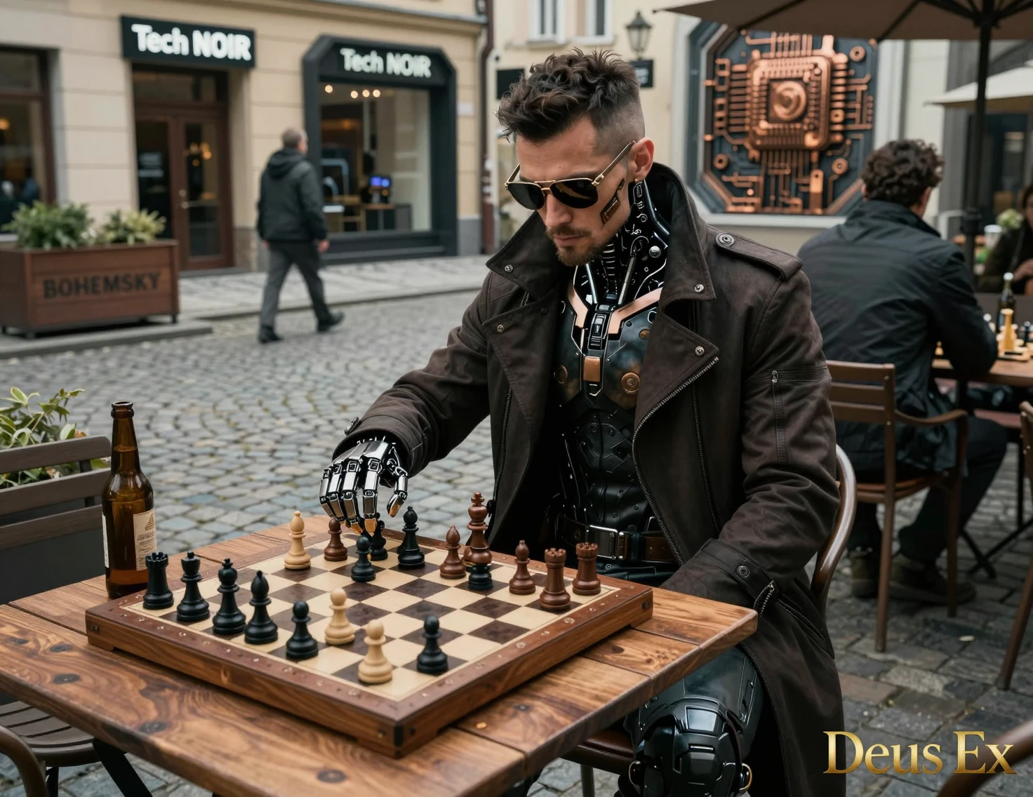 Detective aumentato che gioca a scacchi in un caffè cittadino cyberpunk