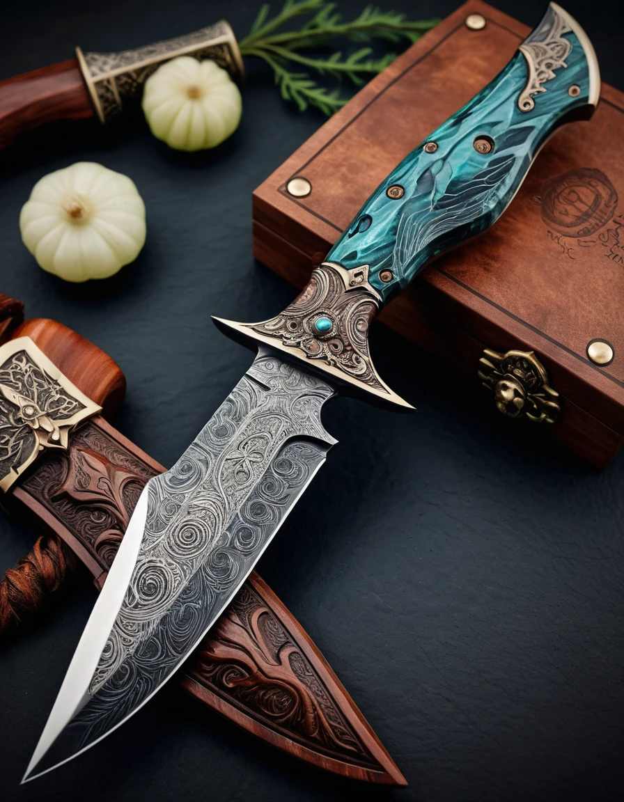 Vista POV di un coltello fantasy personalizzato in acciaio damasco