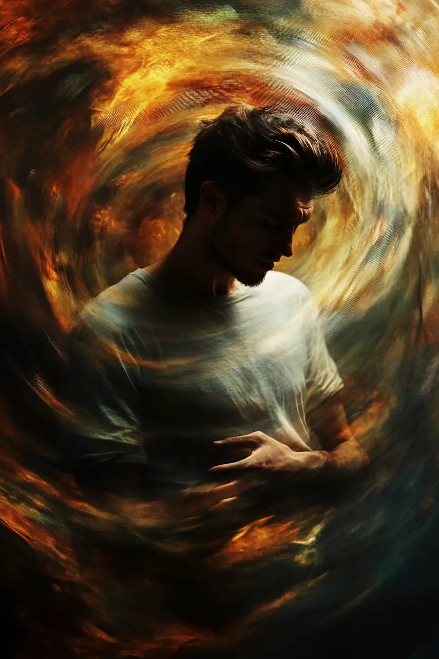 Mann in einer dynamischen, stimmungsvollen abstrakten Spiralenszene