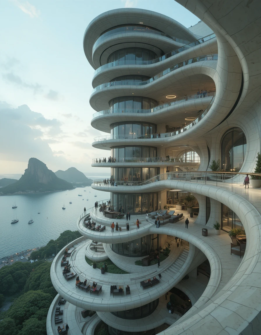 Futuristisches spiralförmiges Penthouse-Interieur mit muschelartiger Architektur