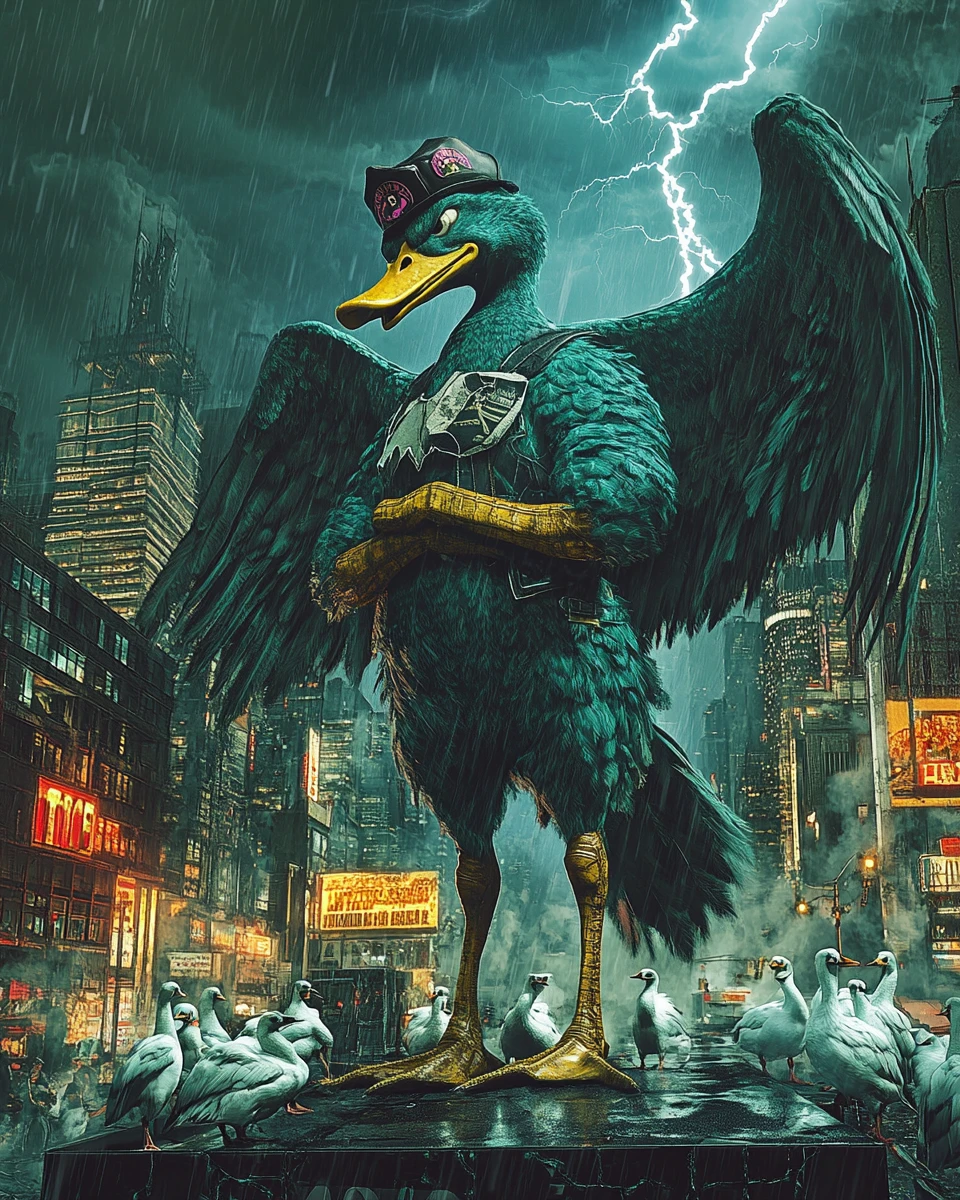 Chef mafieux canard sur un toit fissuré en plein orage